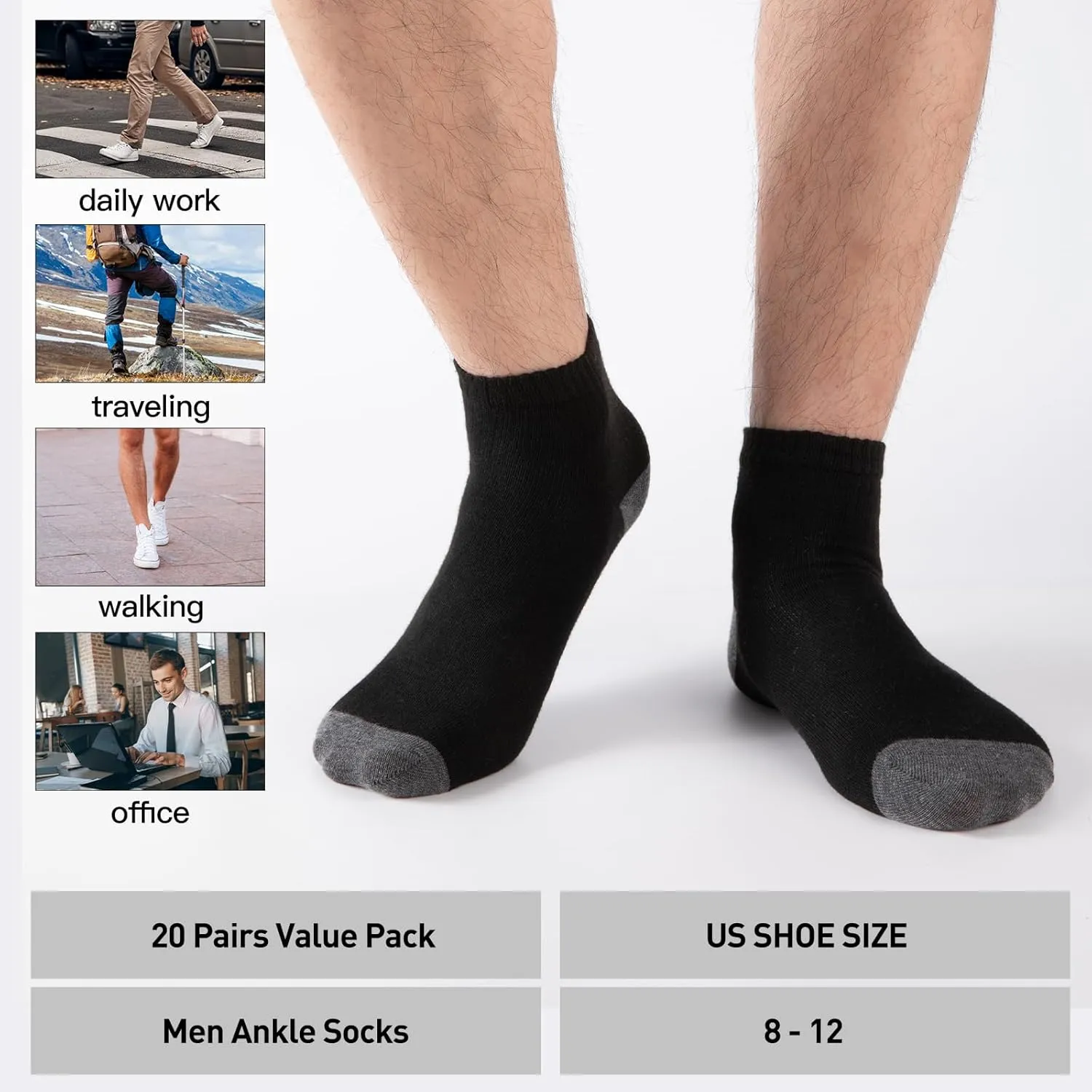 20 Pairs Ankle Socks For Men/Women - Breathable Mens Socks Size 10-13 Mini Crew Quarter Sock Value Pack in Bulk