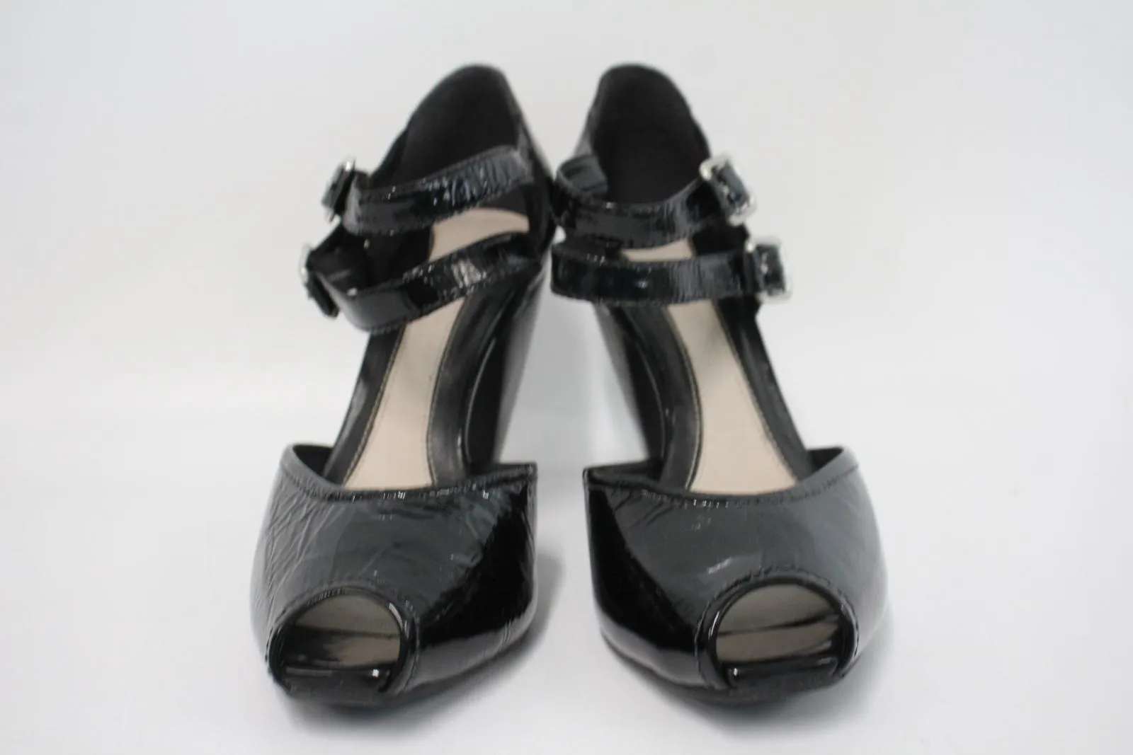 CLARKS Ladies Black Patent Leather Double Ankle Strap Heeled Sandals UK5.5