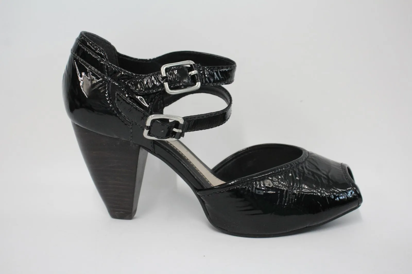 CLARKS Ladies Black Patent Leather Double Ankle Strap Heeled Sandals UK5.5