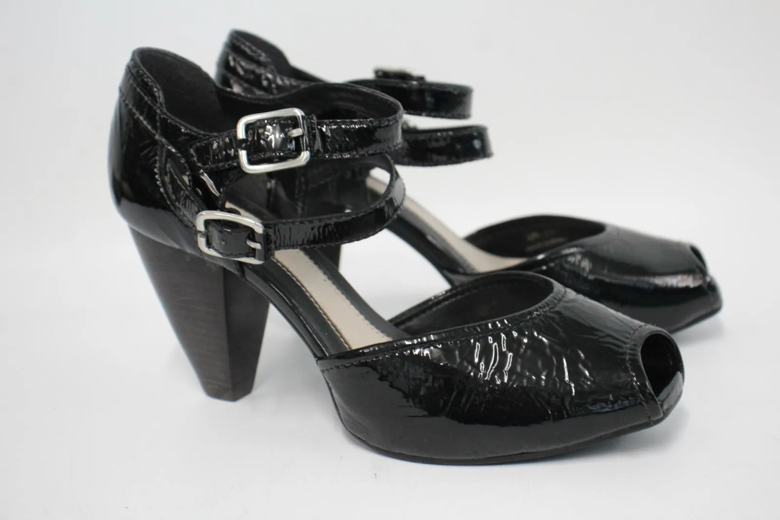 CLARKS Ladies Black Patent Leather Double Ankle Strap Heeled Sandals UK5.5