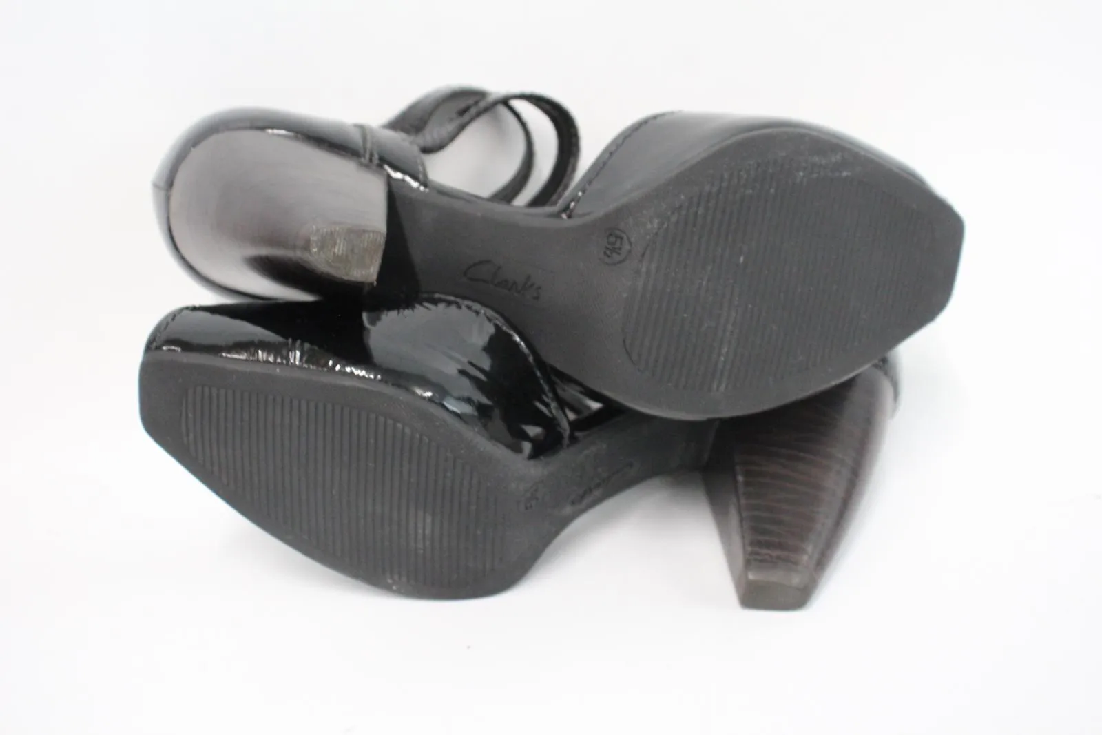 CLARKS Ladies Black Patent Leather Double Ankle Strap Heeled Sandals UK5.5