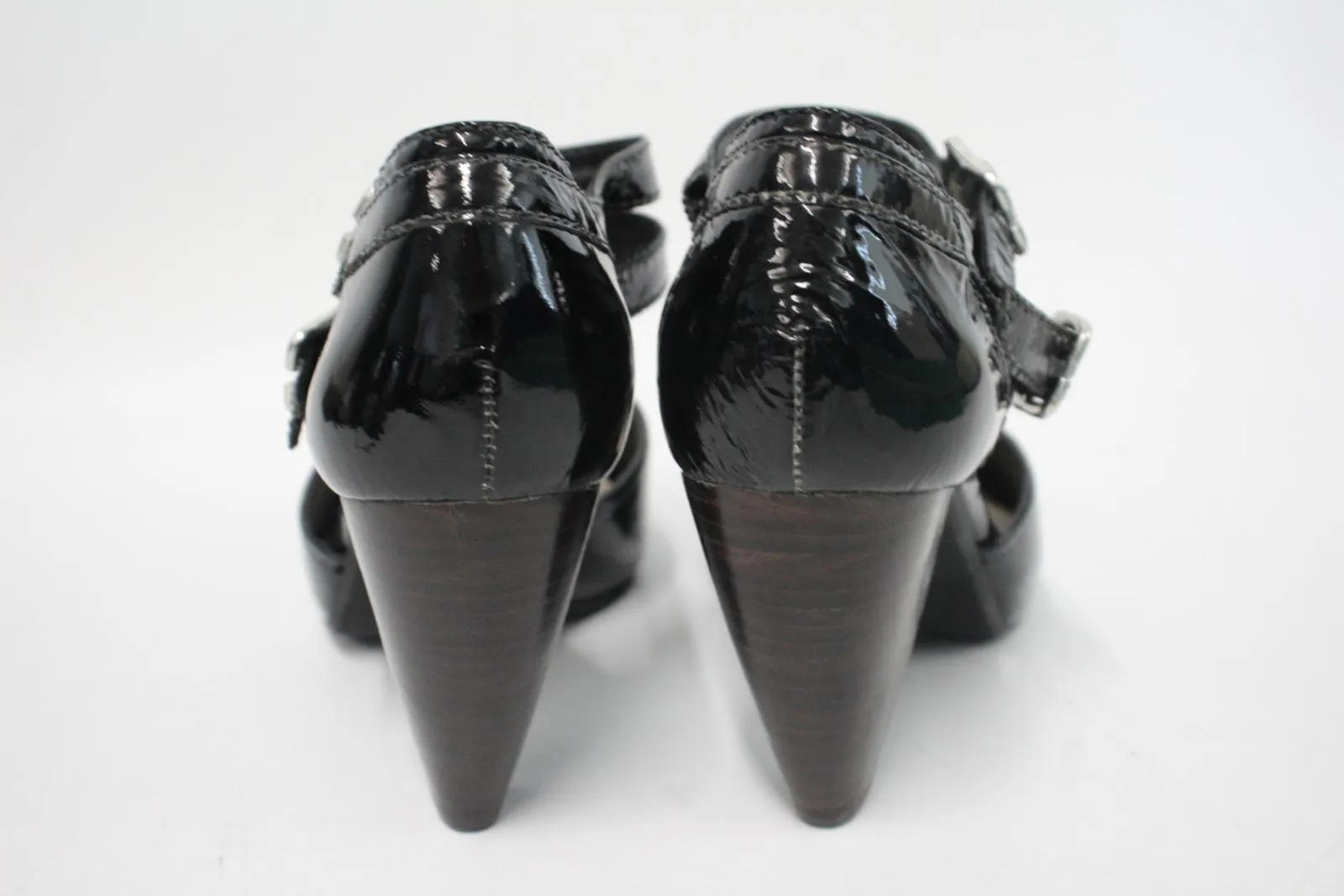 CLARKS Ladies Black Patent Leather Double Ankle Strap Heeled Sandals UK5.5