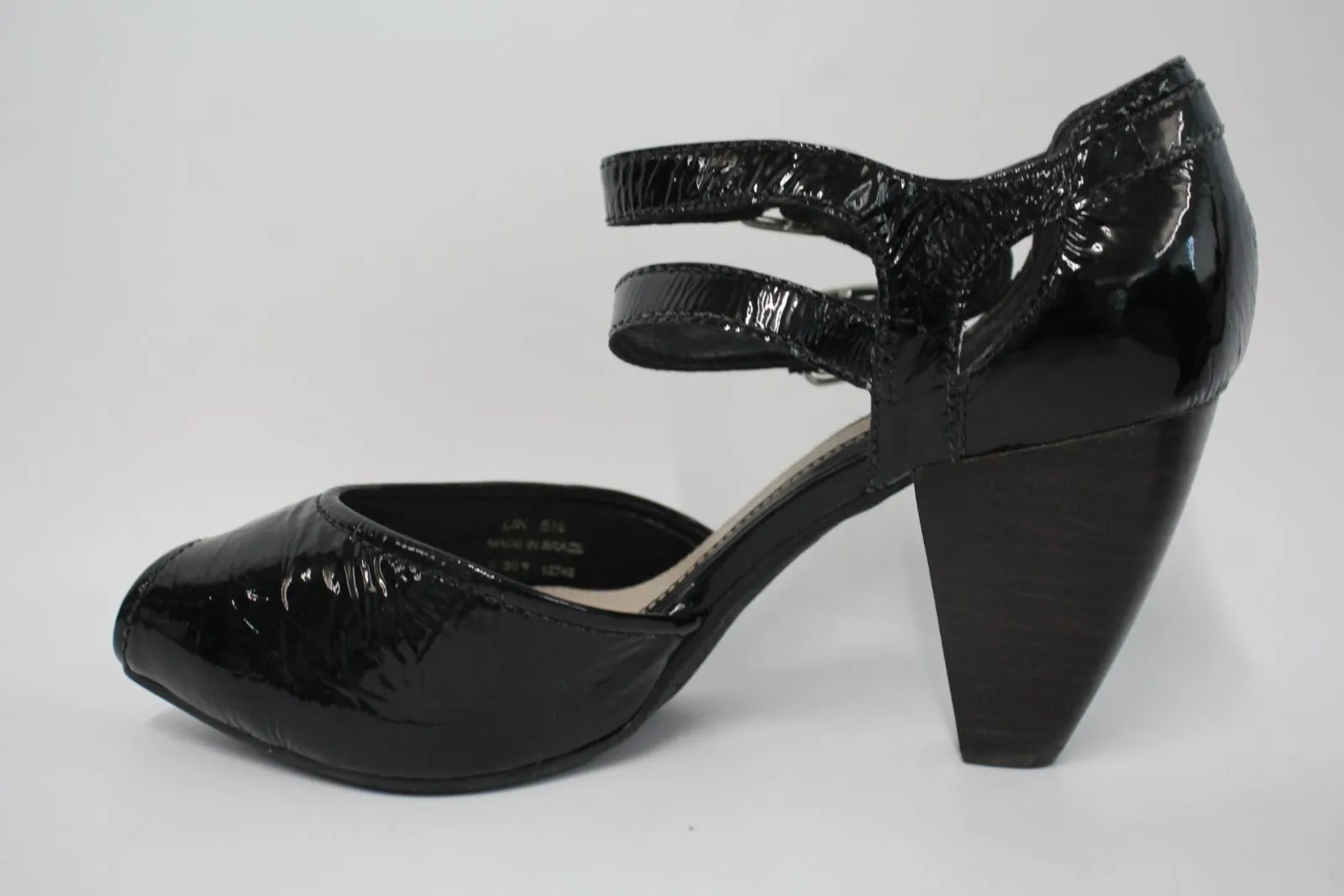 CLARKS Ladies Black Patent Leather Double Ankle Strap Heeled Sandals UK5.5