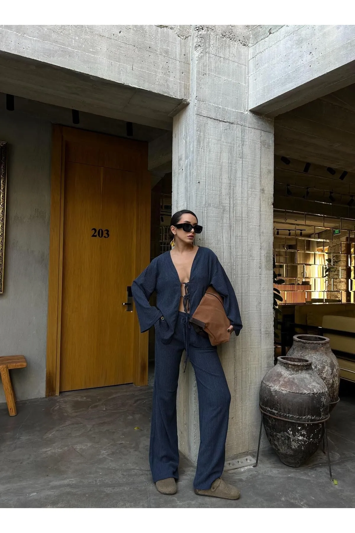 Flowy Crinkled Kimono Blouse and Trouser Set