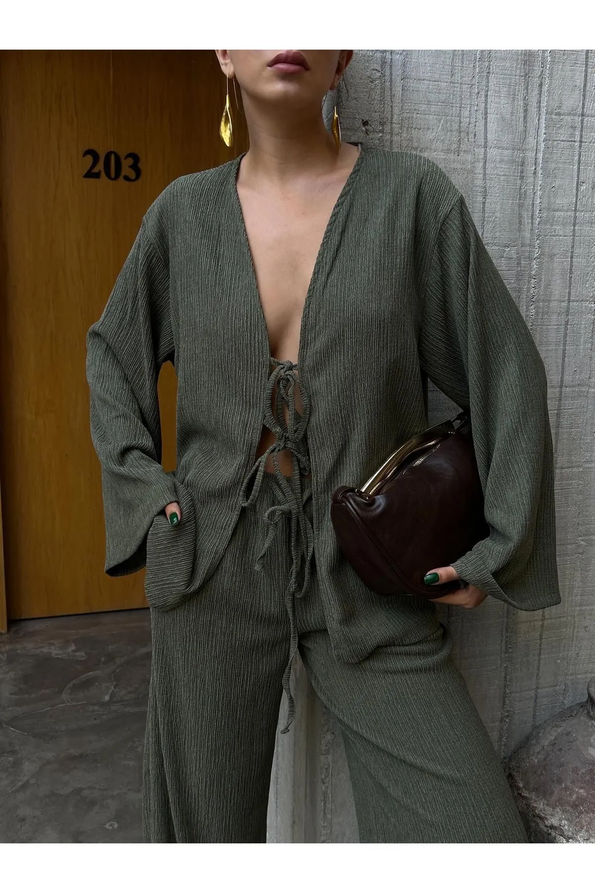 Flowy Crinkled Kimono Blouse and Trouser Set