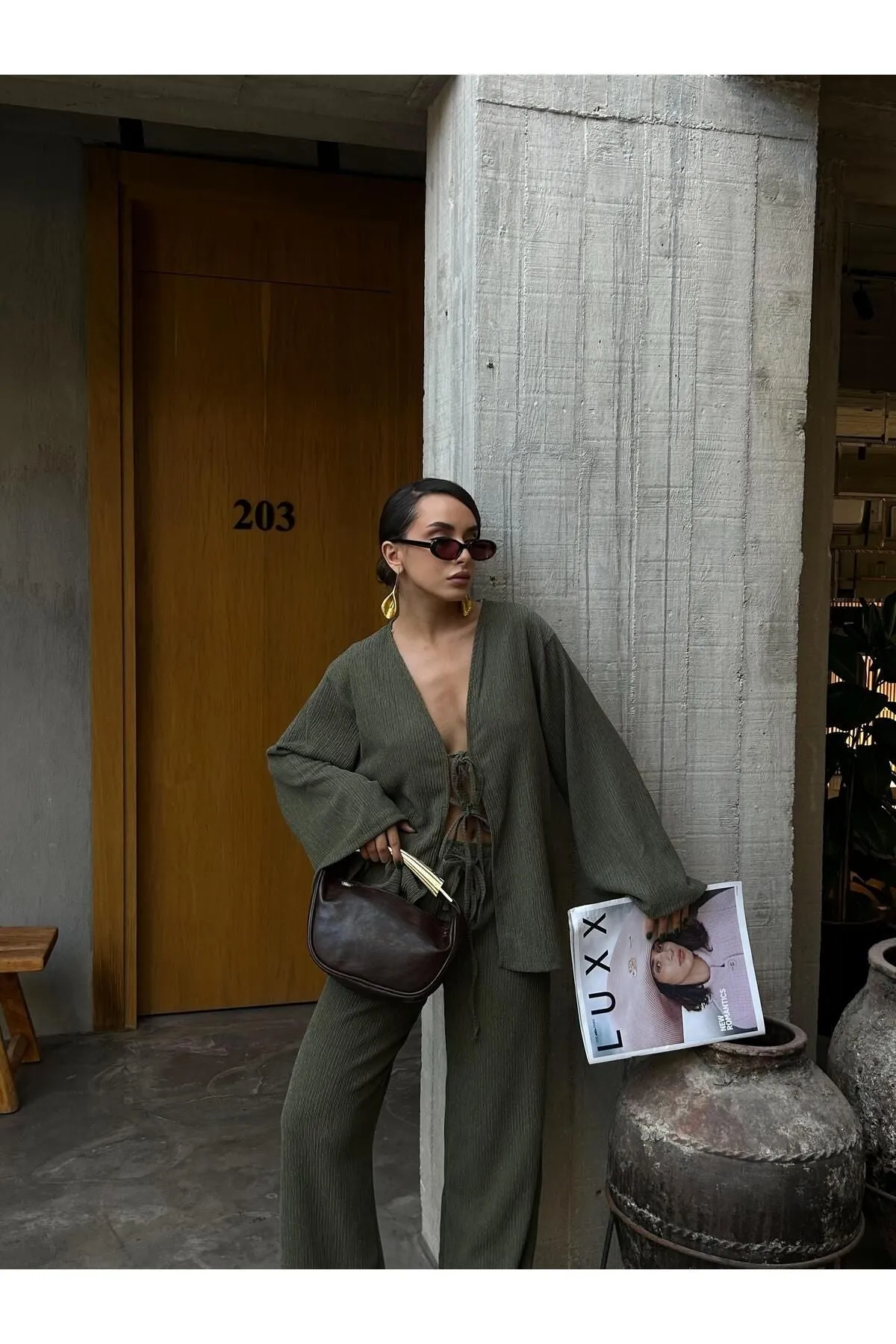 Flowy Crinkled Kimono Blouse and Trouser Set