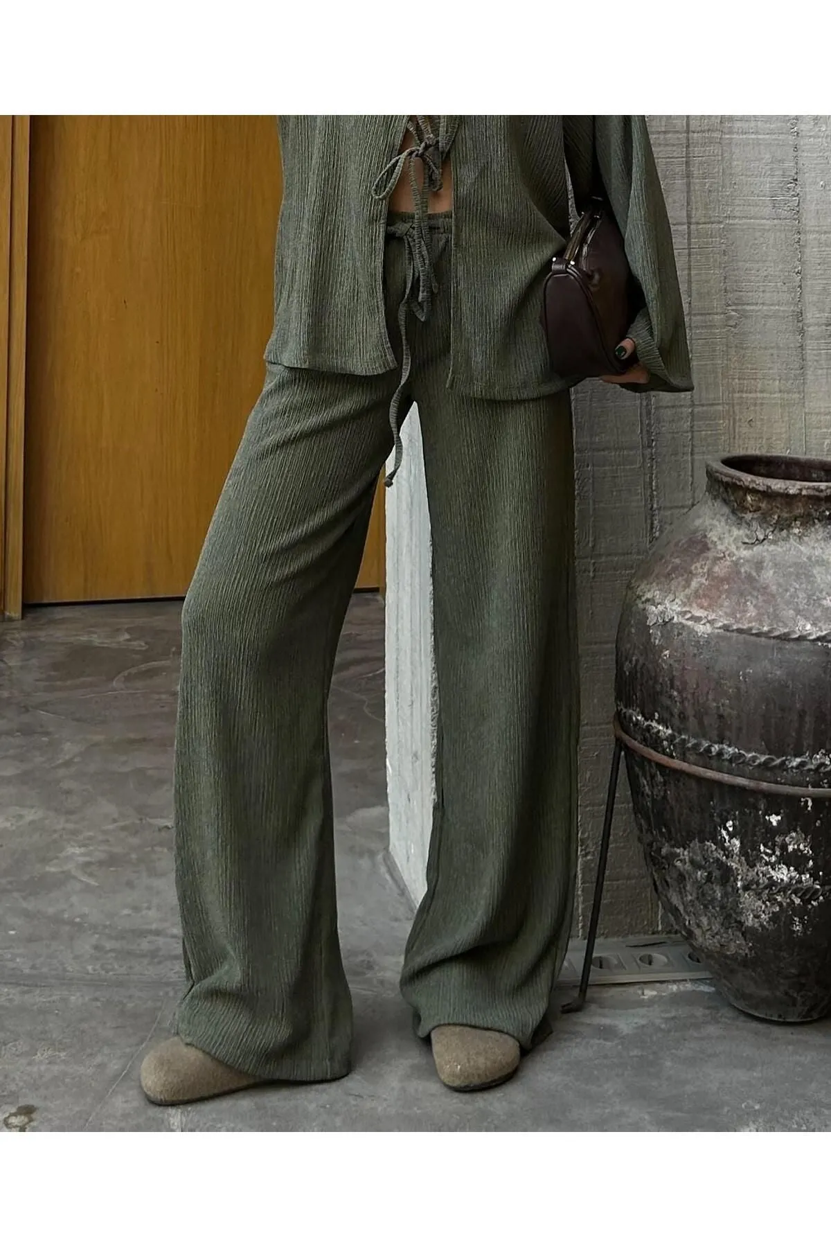 Flowy Crinkled Kimono Blouse and Trouser Set