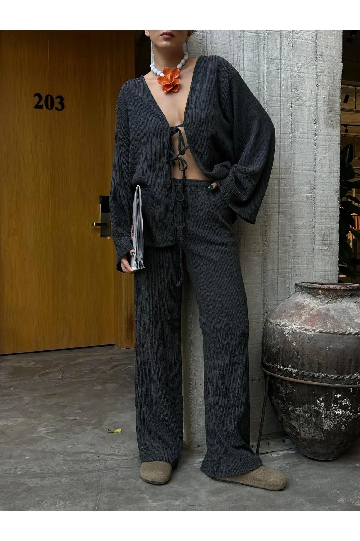 Flowy Crinkled Kimono Blouse and Trouser Set