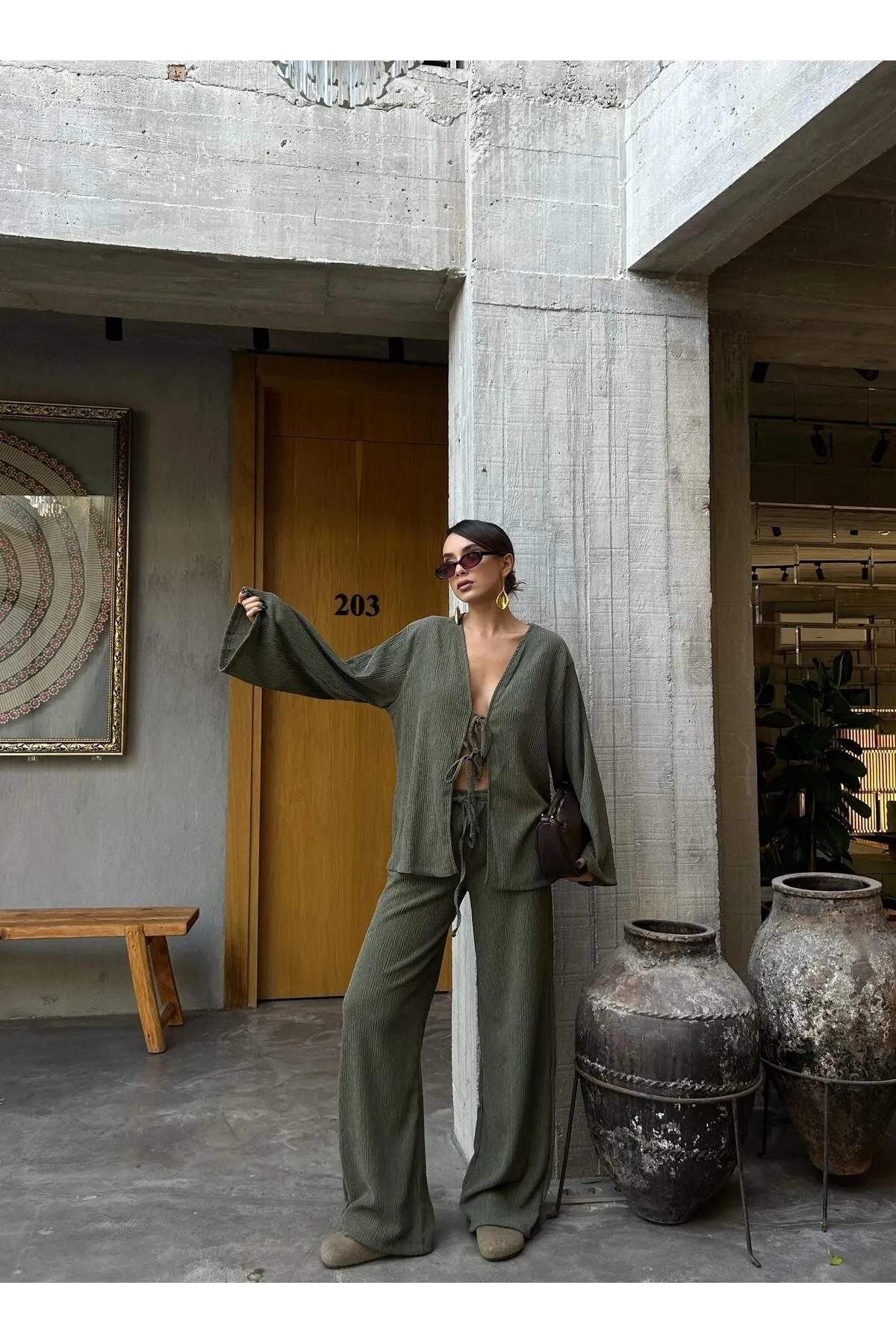 Flowy Crinkled Kimono Blouse and Trouser Set