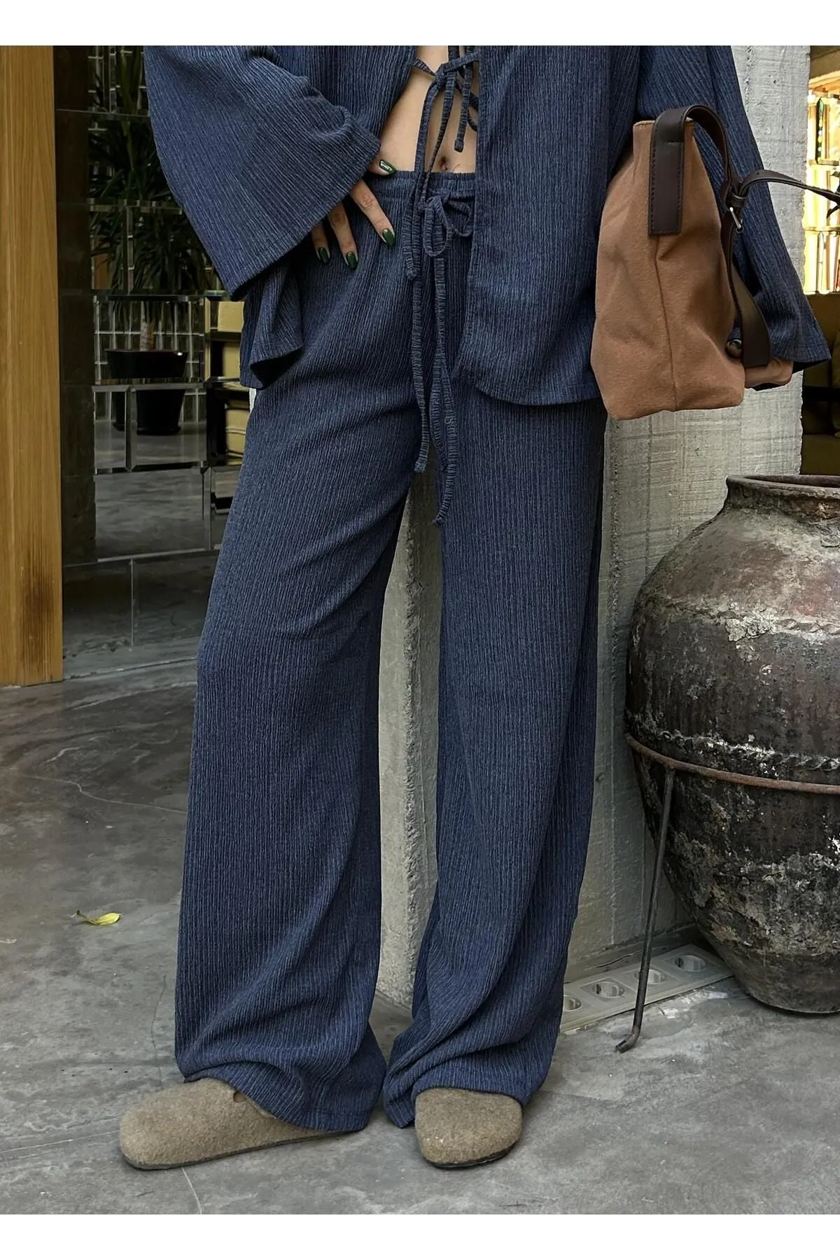 Flowy Crinkled Kimono Blouse and Trouser Set