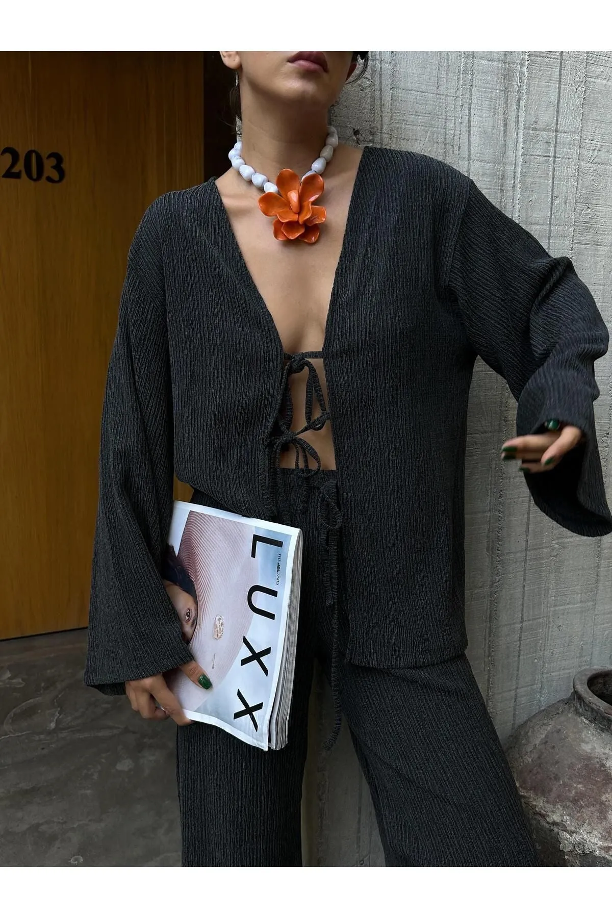 Flowy Crinkled Kimono Blouse and Trouser Set
