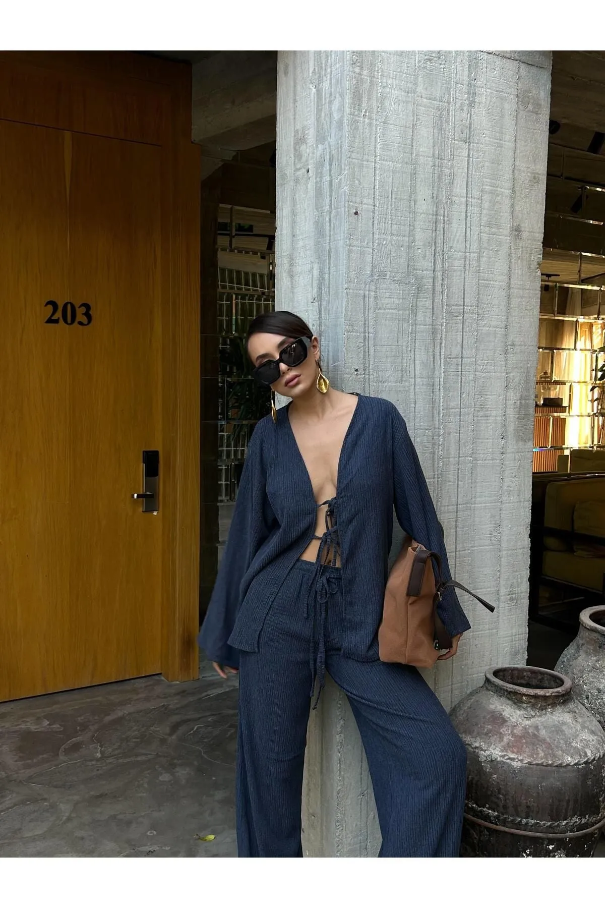Flowy Crinkled Kimono Blouse and Trouser Set