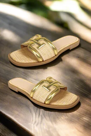 Gold Raffia Square Toe Sandals
