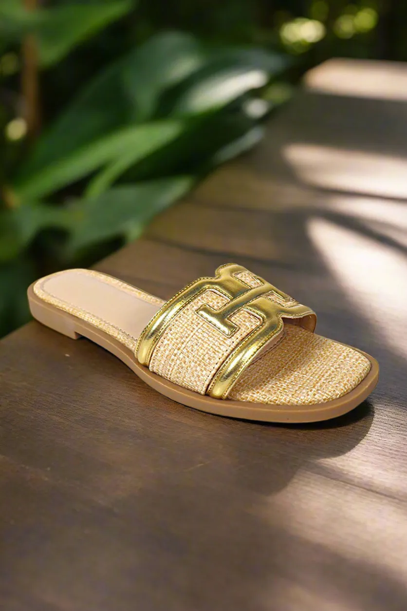 Gold Raffia Square Toe Sandals