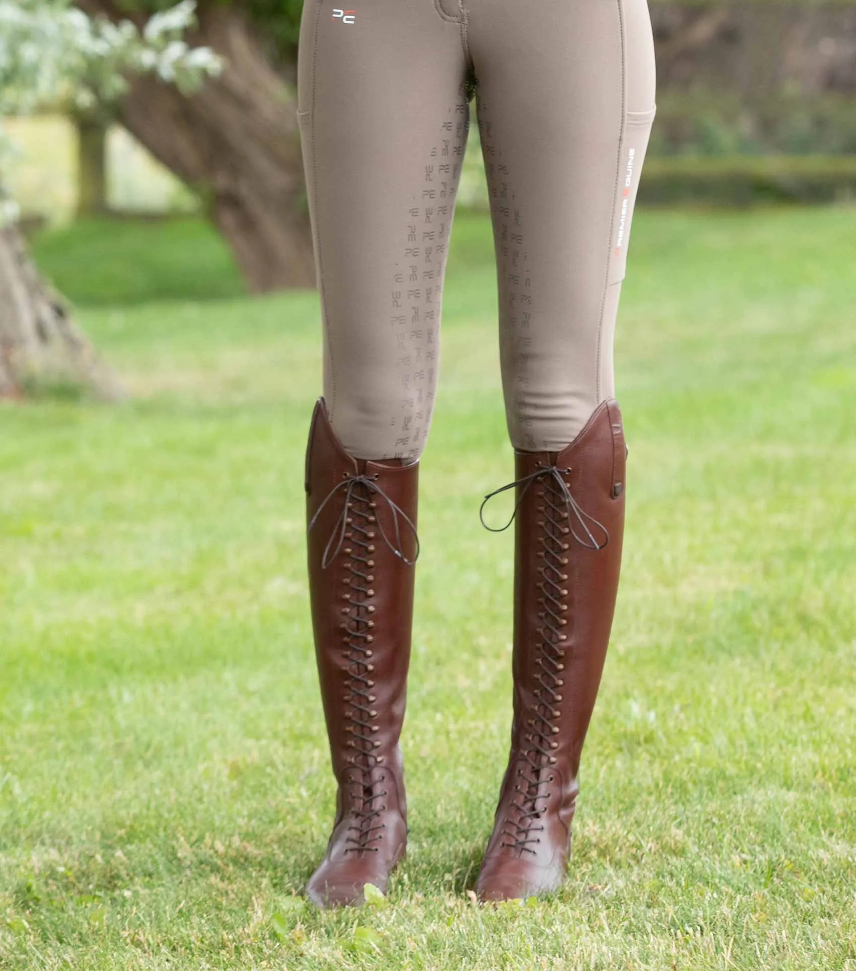 Maurizia Ladies Lace Front Tall Leather Riding Boot Brown (Wide Calf)