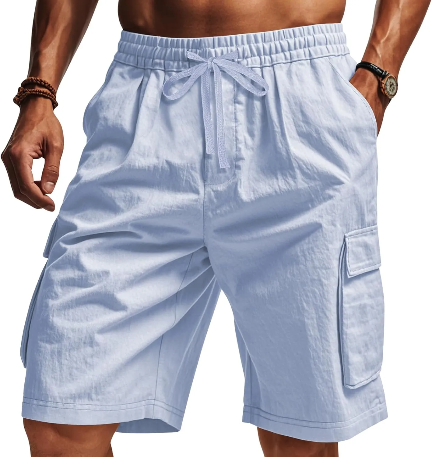 Men's Beach Cargo Shorts Waist with Drawstring Light Weight Multi-Pocket for Summer Outdoor Wear Athletic Short Pant