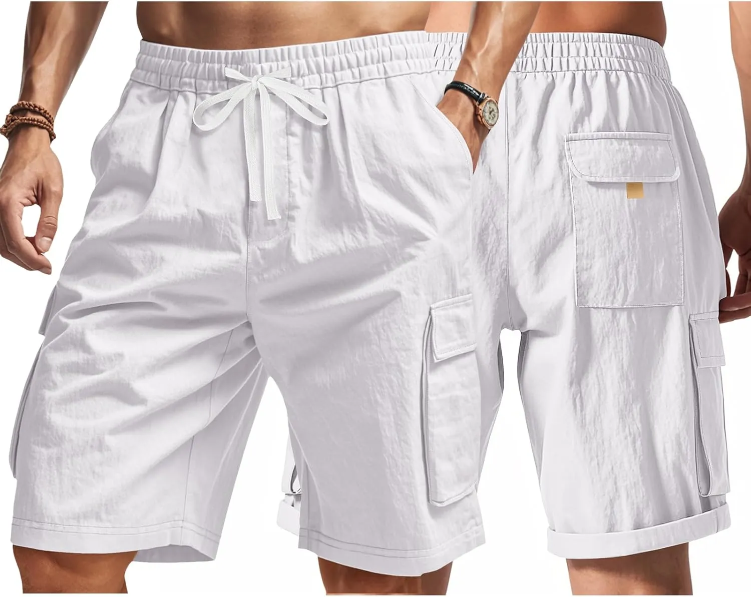 Men's Beach Cargo Shorts Waist with Drawstring Light Weight Multi-Pocket for Summer Outdoor Wear Athletic Short Pant