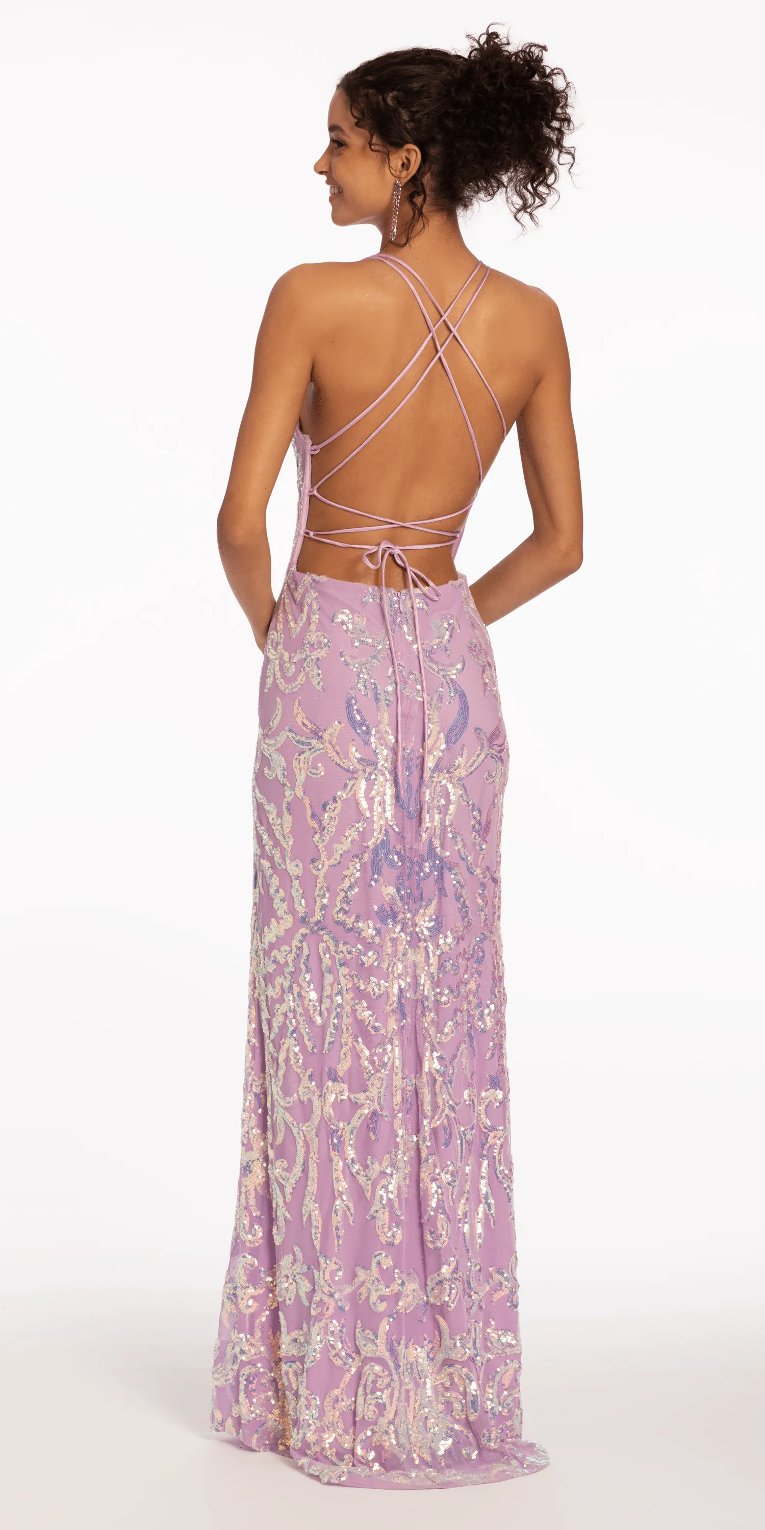 Mesh Sequin Plunging Corset Column Dress with Side Slit