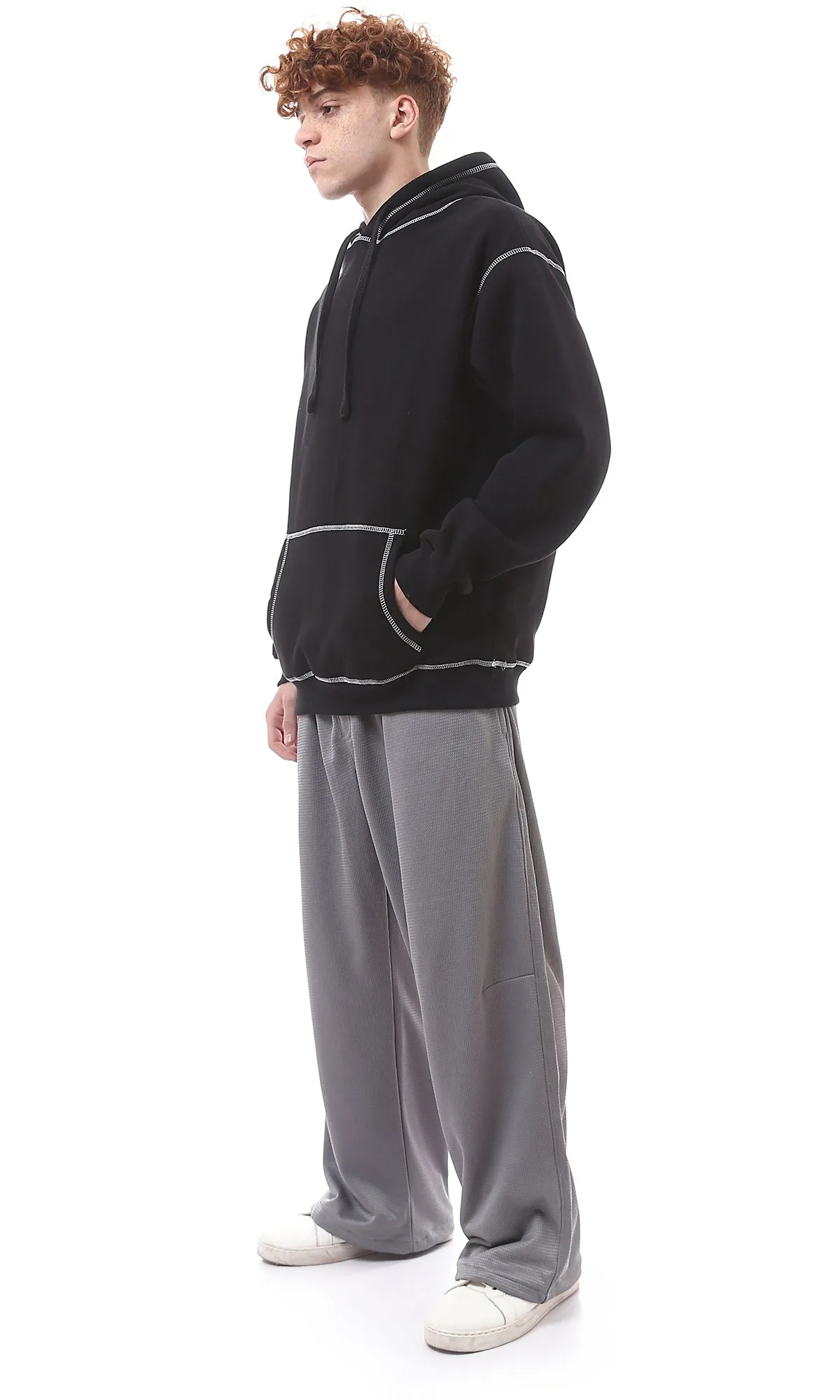 O176277 Solid Black Hoodie With Kangaroo Pocket