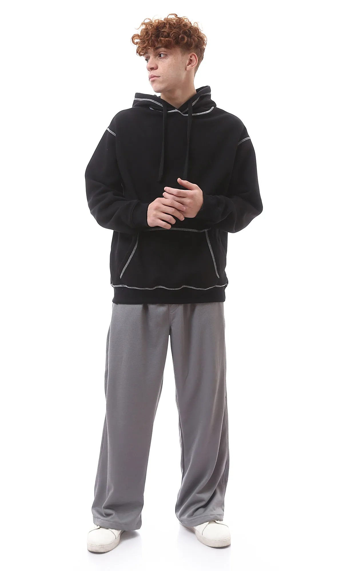 O176277 Solid Black Hoodie With Kangaroo Pocket