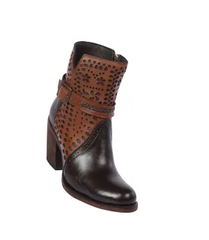 Quincy Boots Womens Fashion Floater Leather with Print Chocolate/Cognac Round Toe Western Boot