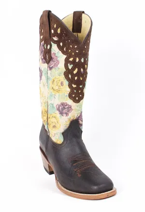 Quincy Boots Womens Grasso and Crazy Leather Floral Print Brown Rodeo Toe Western Boot
