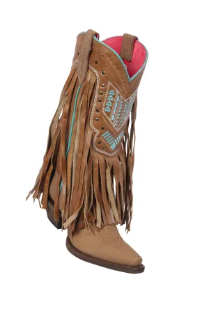 Quincy Boots Womens Grasso and Crazy Strings Tan Snip Toe Western Boot