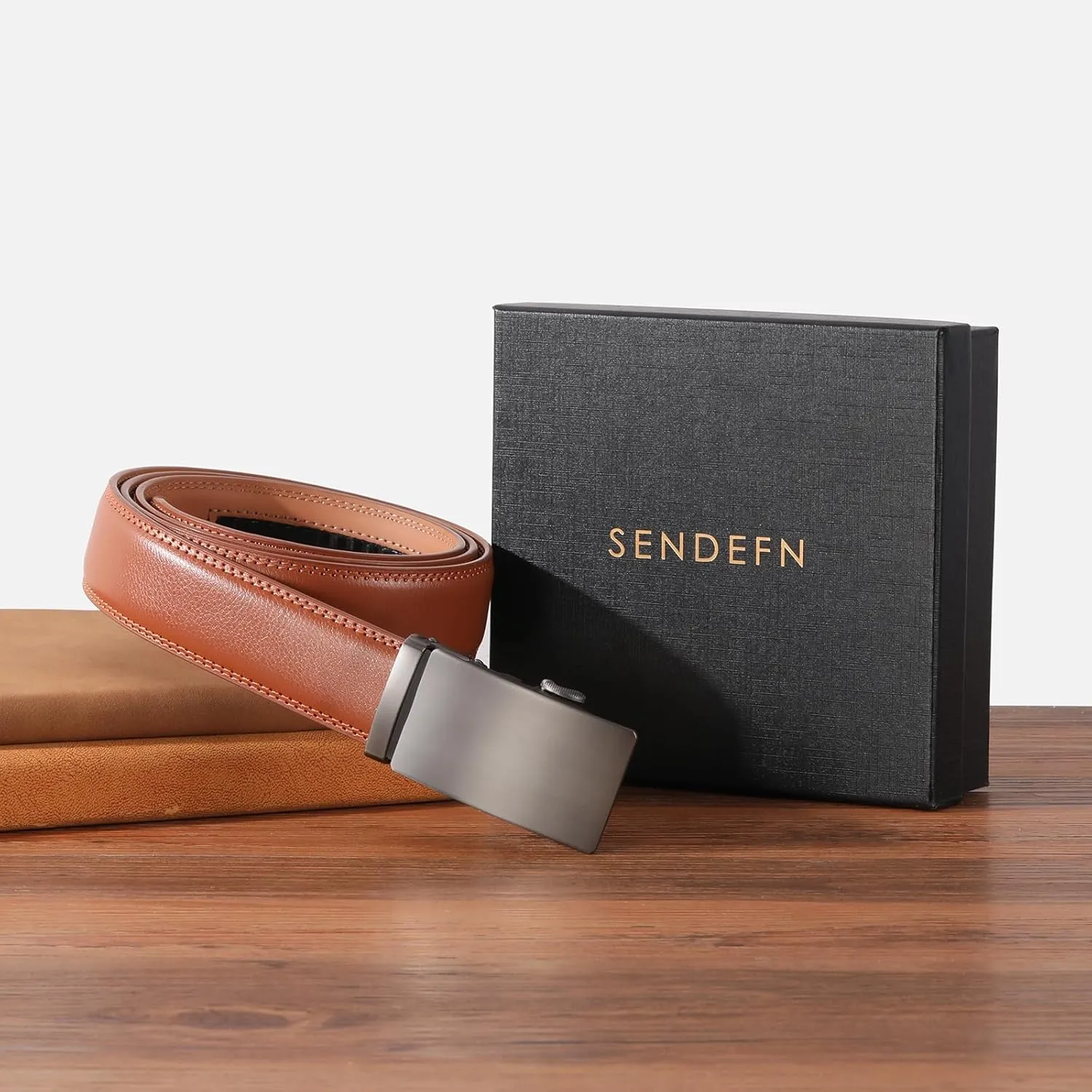 SENDEFN Men's Leather Belt Automatic Ratchet Buckle Slide Belt for Dress Casual Trim to Fit with Gift Box