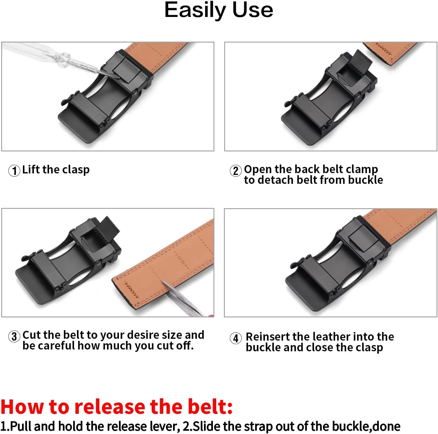 SENDEFN Men's Leather Belt Automatic Ratchet Buckle Slide Belt for Dress Casual Trim to Fit with Gift Box