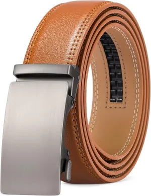 SENDEFN Men's Leather Belt Automatic Ratchet Buckle Slide Belt for Dress Casual Trim to Fit with Gift Box