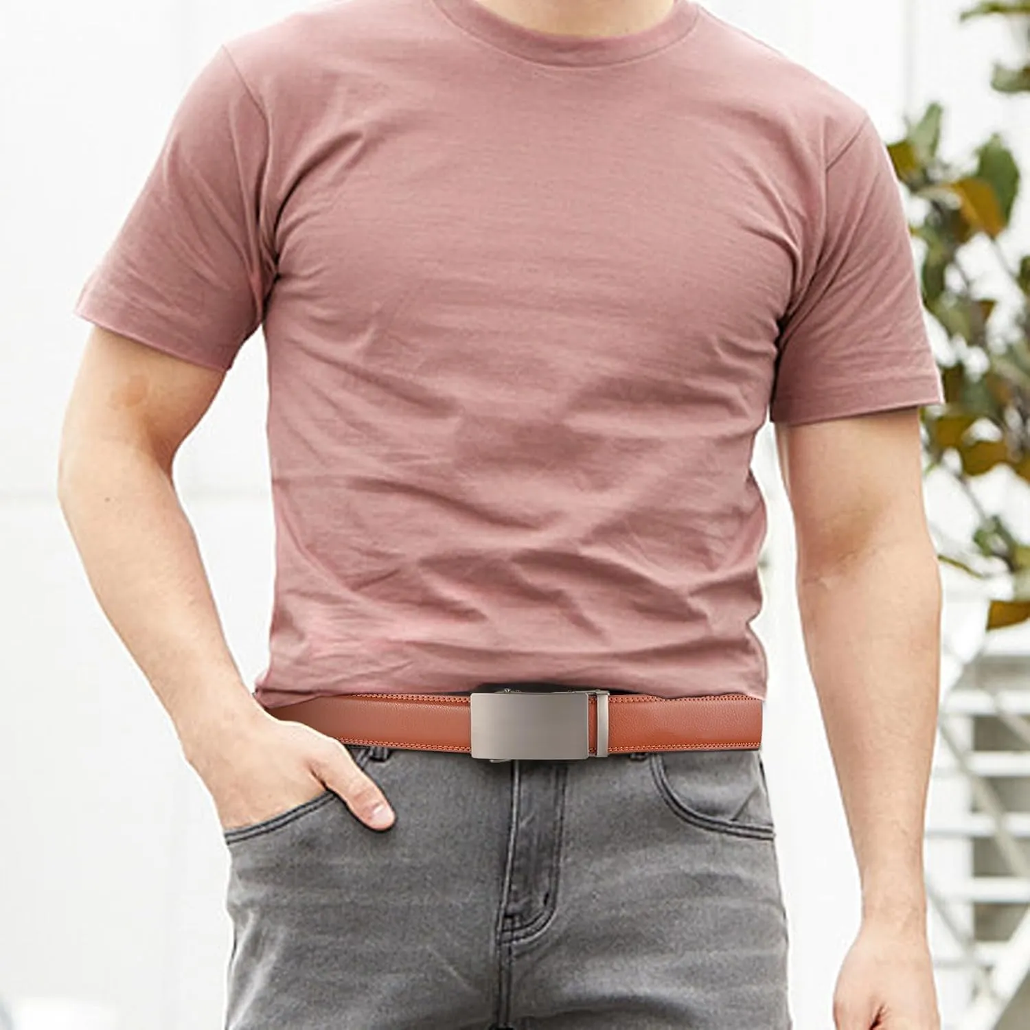 SENDEFN Men's Leather Belt Automatic Ratchet Buckle Slide Belt for Dress Casual Trim to Fit with Gift Box