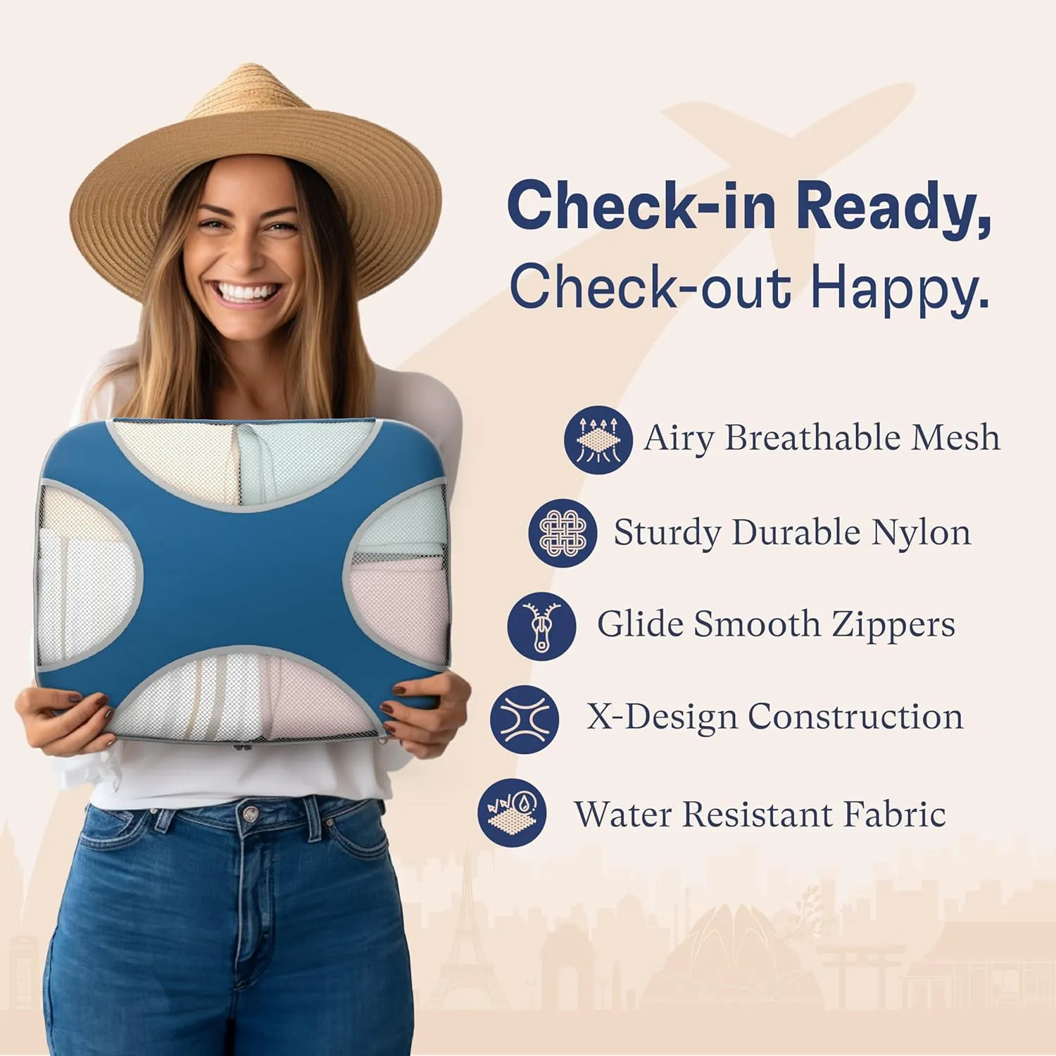 Shacke Premium 5 Packing Cubes Set - Lightweight Mesh Travel Luggage Organizers with Laundry Bag, 5-Piece Suitcase Storage System (Navy)