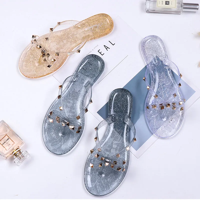 Women Fashion Studded Jelly Sandals Summer Beach Slide Sandals
