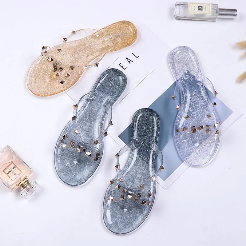 Women Fashion Studded Jelly Sandals Summer Beach Slide Sandals