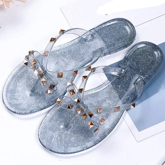 Women Fashion Studded Jelly Sandals Summer Beach Slide Sandals