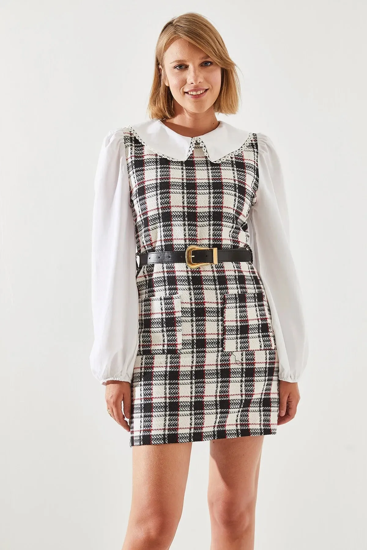 Women's Belted Plaid Collar Dress