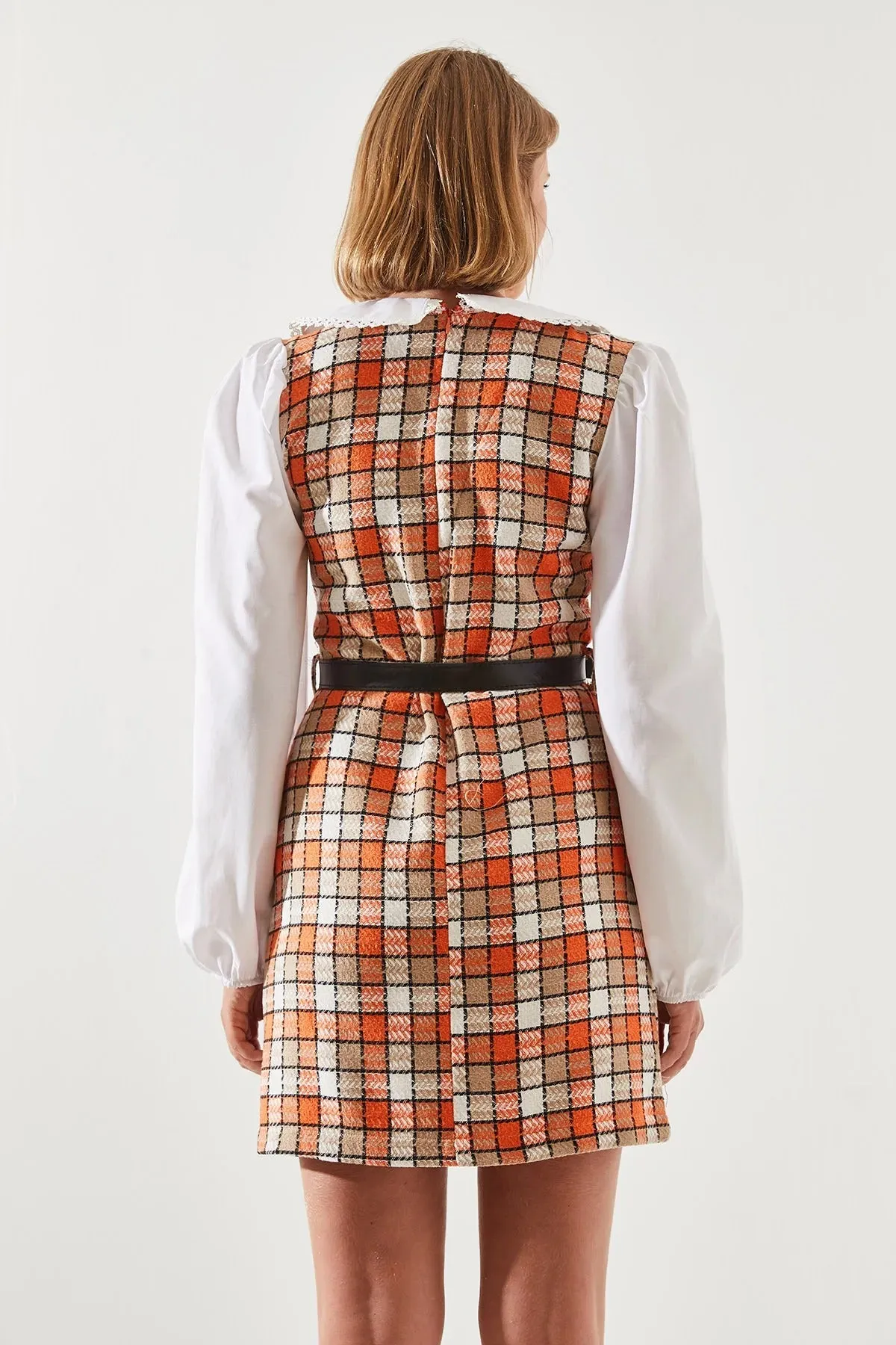 Women's Belted Plaid Collar Dress