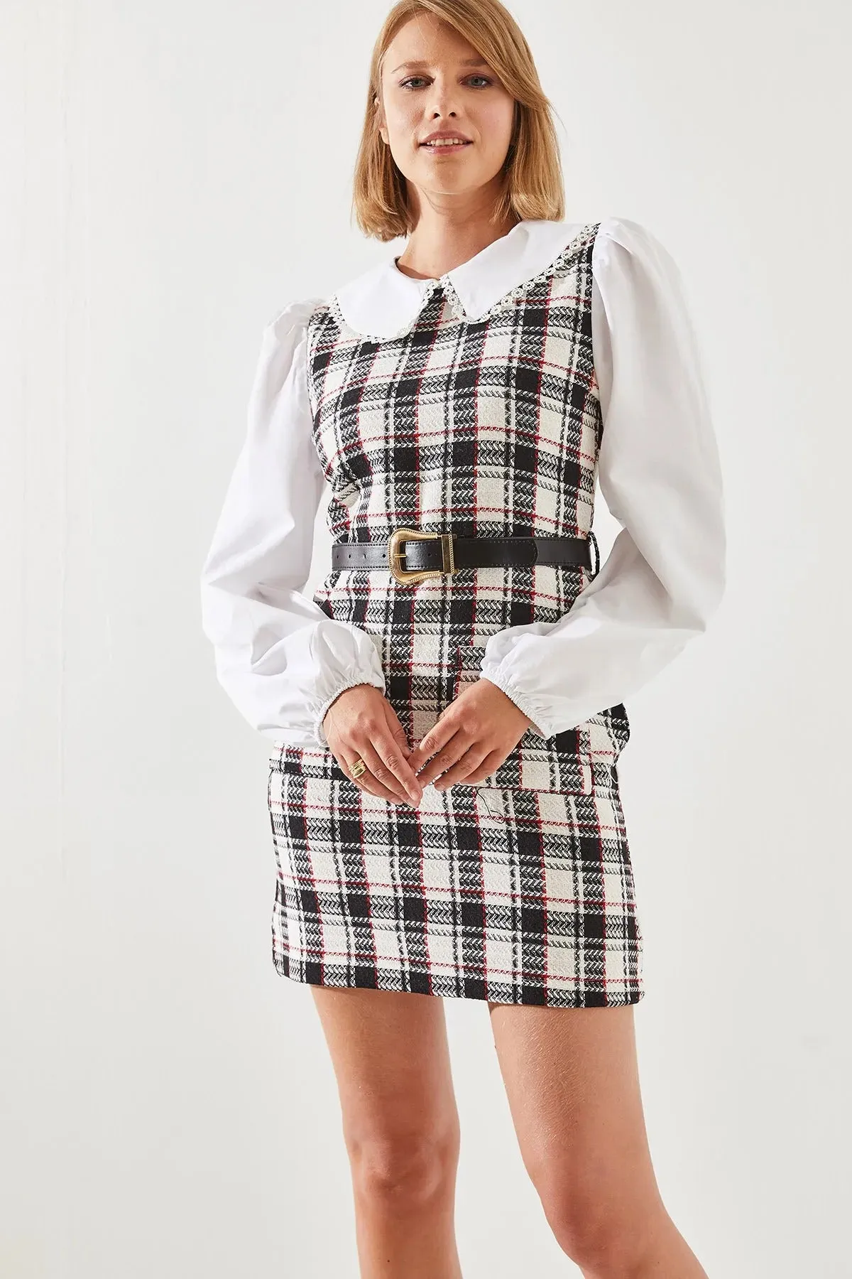 Women's Belted Plaid Collar Dress