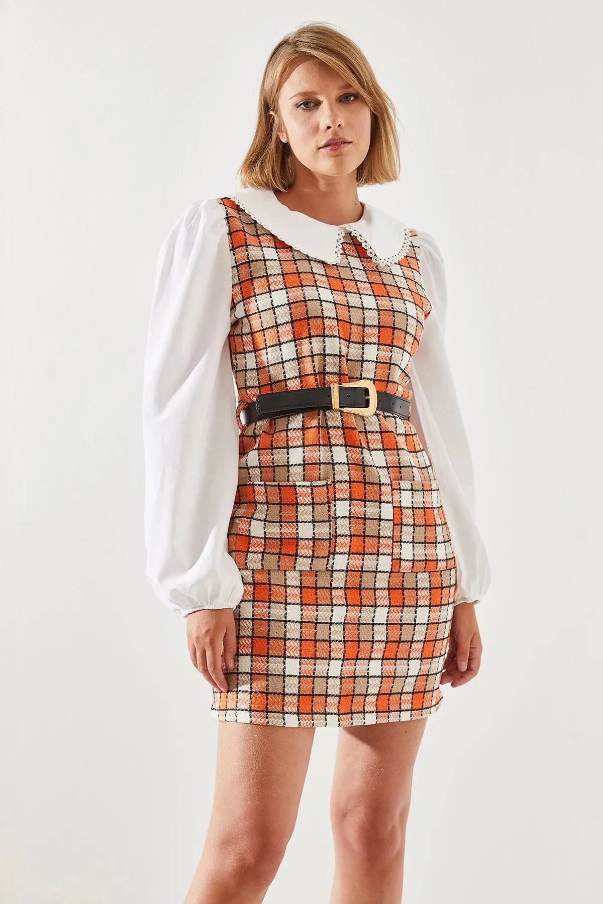 Women's Belted Plaid Collar Dress