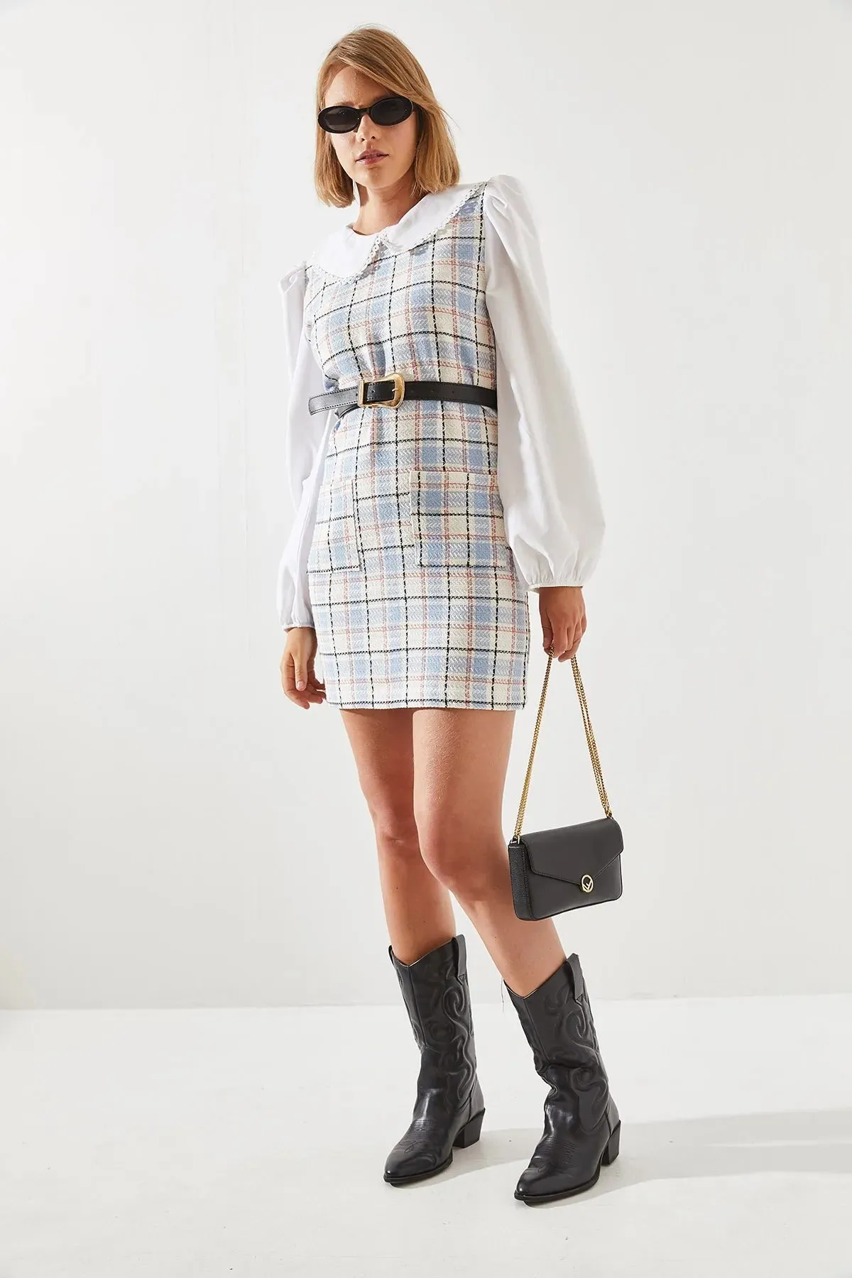 Women's Belted Plaid Collar Dress