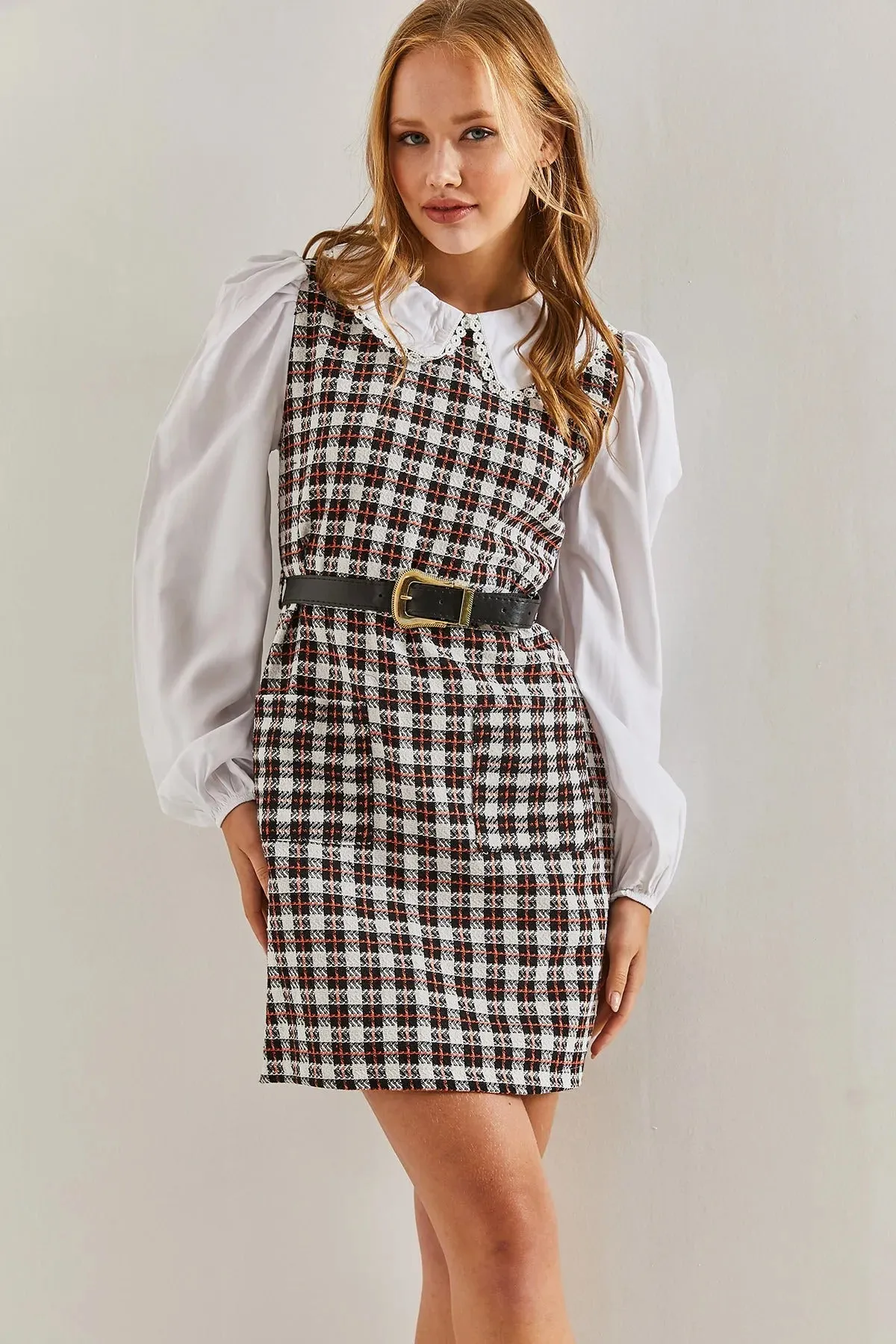 Women's Belted Plaid Collar Dress