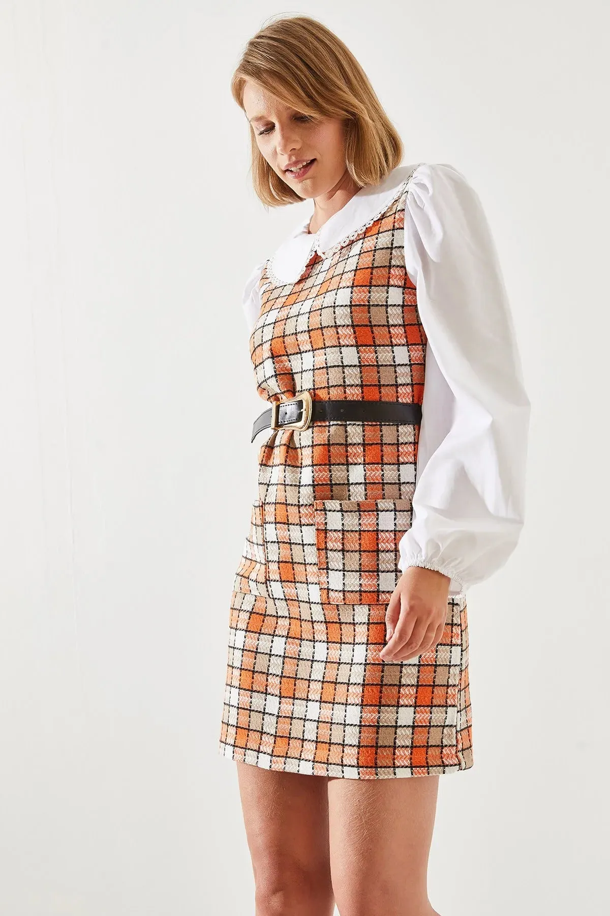 Women's Belted Plaid Collar Dress