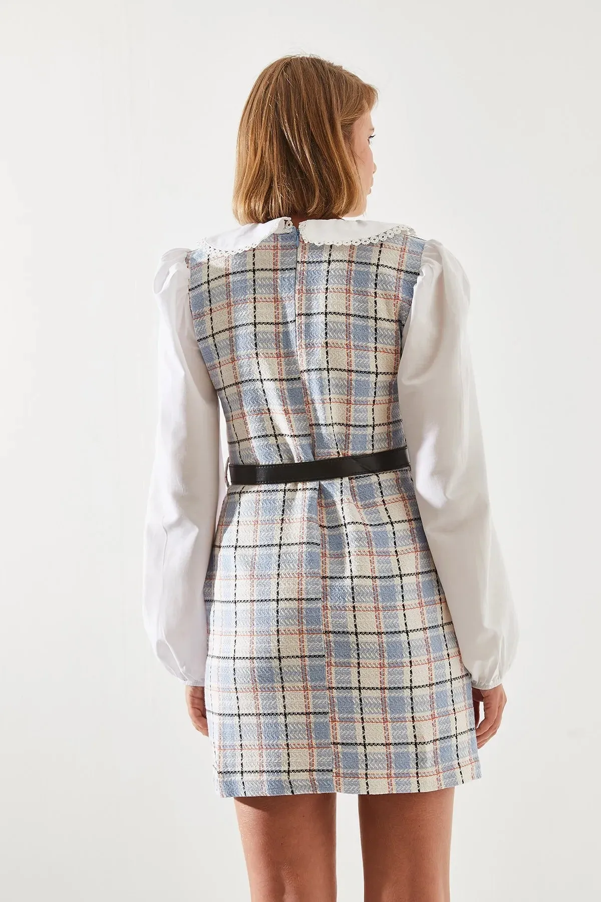 Women's Belted Plaid Collar Dress