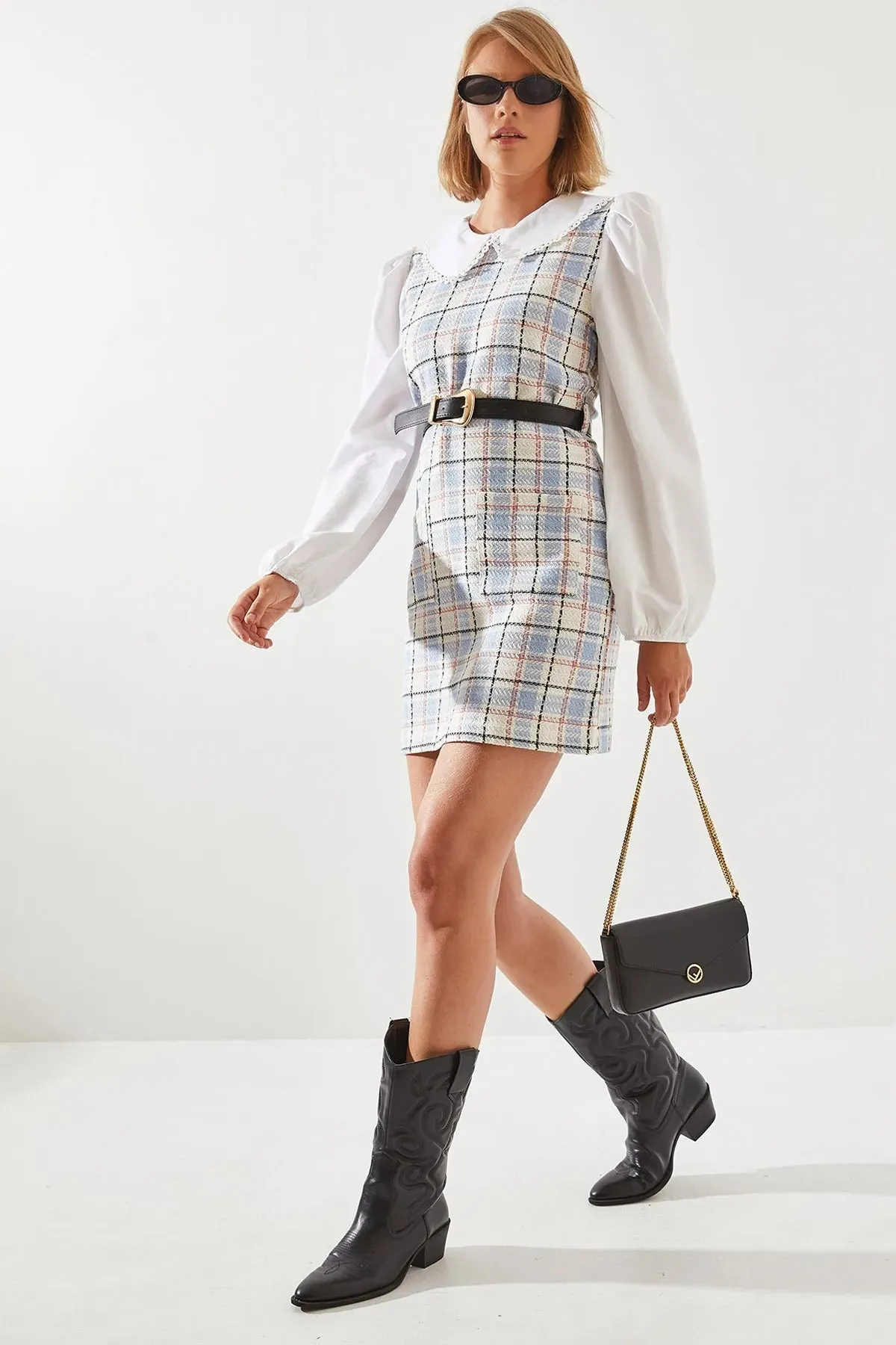 Women's Belted Plaid Collar Dress