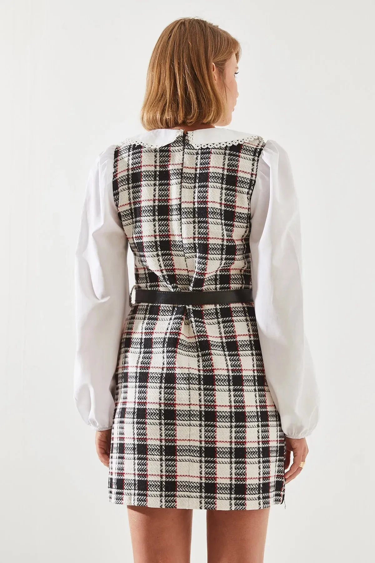 Women's Belted Plaid Collar Dress