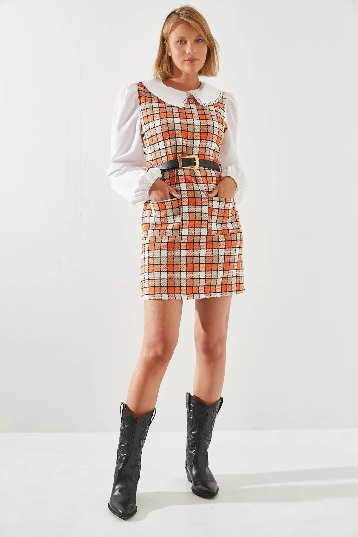 Women's Belted Plaid Collar Dress