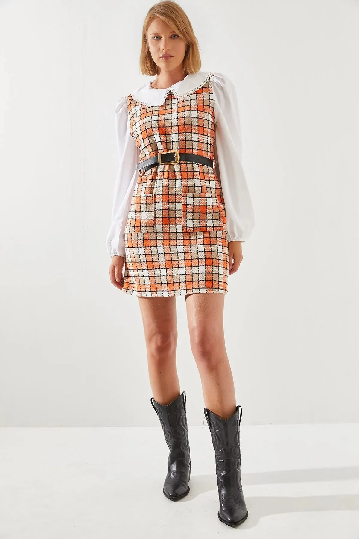 Women's Belted Plaid Collar Dress