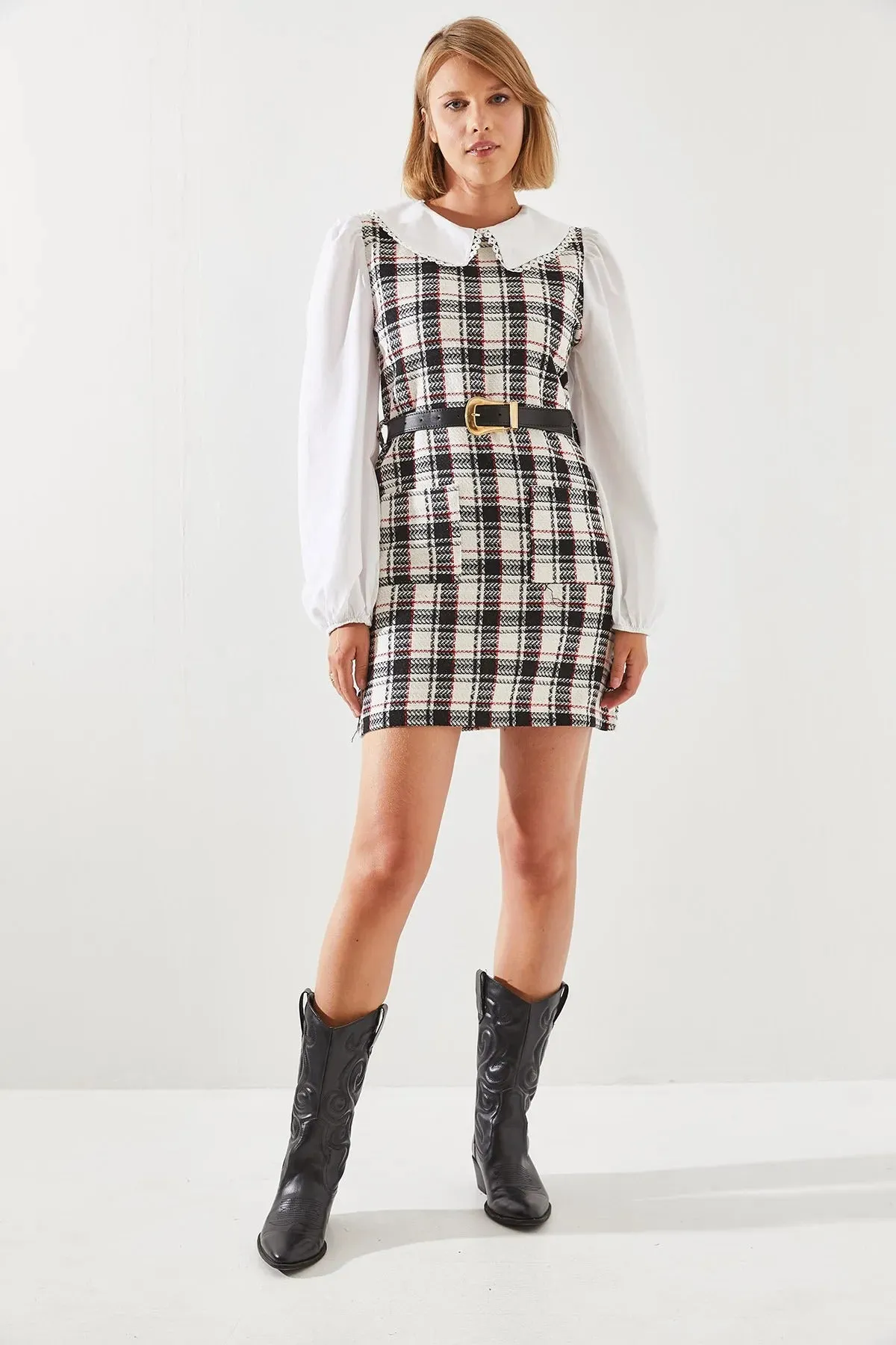 Women's Belted Plaid Collar Dress