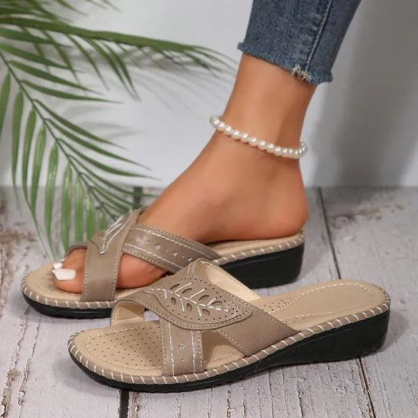 Women's Casual Leaf Cross Strap Hollow Wedge Sandals 94100588S