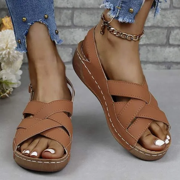 Women's Platform Sandals with Buckled Fish Mouth and Wedge Heel 41008607C